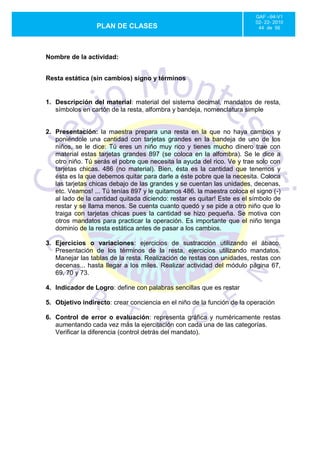 GAF –94-V1
                                                                          02- 22- 2010
                 PLAN DE CLASES                                            44 de 56




Nombre de la actividad:


Resta estática (sin cambios) signo y términos


1. Descripción del material: material del sistema decimal, mandatos de resta,
   símbolos en cartón de la resta, alfombra y bandeja, nomenclatura simple


2. Presentación: la maestra prepara una resta en la que no haya cambios y
   poniéndole una cantidad con tarjetas grandes en la bandeja de uno de los
   niños, se le dice: Tú eres un niño muy rico y tienes mucho dinero trae con
   material estas tarjetas grandes 897 (se coloca en la alfombra). Se le dice a
   otro niño. Tú serás el pobre que necesita la ayuda del rico. Ve y trae solo con
   tarjetas chicas. 486 (no material). Bien, ésta es la cantidad que tenemos y
   ésta es la que debemos quitar para darle a éste pobre que la necesita. Coloca
   las tarjetas chicas debajo de las grandes y se cuentan las unidades, decenas,
   etc. Veamos! ... Tú tenías 897 y le quitamos 486. la maestra coloca el signo (-)
   al lado de la cantidad quitada diciendo: restar es quitar! Este es el símbolo de
   restar y se llama menos. Se cuenta cuanto quedó y se pide a otro niño que lo
   traiga con tarjetas chicas pues la cantidad se hizo pequeña. Se motiva con
   otros mandatos para practicar la operación. Es importante que el niño tenga
   dominio de la resta estática antes de pasar a los cambios.

3. Ejercicios o variaciones: ejercicios de sustracción utilizando el ábaco.
   Presentación de los términos de la resta, ejercicios utilizando mandatos.
   Manejar las tablas de la resta. Realización de restas con unidades, restas con
   decenas... hasta llegar a los miles. Realizar actividad del módulo página 67,
   69, 70 y 73.

4. Indicador de Logro: define con palabras sencillas que es restar

5. Objetivo indirecto: crear conciencia en el niño de la función de la operación

6. Control de error o evaluación: representa gráfica y numéricamente restas
   aumentando cada vez más la ejercitación con cada una de las categorías.
   Verificar la diferencia (control detrás del mandato).
 