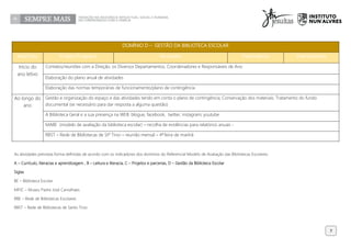 As atividades previstas forma definidas de acordo com os indicadores dos domínios do Referencial Modelo de Avaliação das Bibliotecas Escolares:
A – Currículo, literacias e aprendizagem , B – Leitura e literacia, C – Projetos e parcerias, D – Gestão da Biblioteca Escolar
Siglas
BE – Biblioteca Escolar
MPJC – Museu Padre José Carvalhaes
RBE – Rede de Bibliotecas Escolares
RBST – Rede de Bibliotecas de Santo Tirso
DOMÍNIO D – GESTÃO DA BIBLIOTECA ESCOLAR
Mês/Data Projeto/Programa Atividades Destinatários Intervenientes
Início do
ano letivo
Contatos/reuniões com a Direção, os Diversos Departamentos, Coordenadores e Responsáveis de Ano
Elaboração do plano anual de atividades
Elaboração das normas temporárias de funcionamento/plano de contingência
Ao longo do
ano
Gestão e organização do espaço e das atividades tendo em conta o plano de contingência; Conservação dos materiais; Tratamento do fundo
documental (se necessário para dar resposta a alguma questão)
A Biblioteca Geral e a sua presença na WEB: blogue, facebook, twitter, instagram; youtube
MABE (modelo de avaliação da biblioteca escolar) – recolha de evidências para relatórios anuais -
RBST – Rede de Bibliotecas de Stº Tirso – reunião mensal – 4ª.feira de manhã
7
 