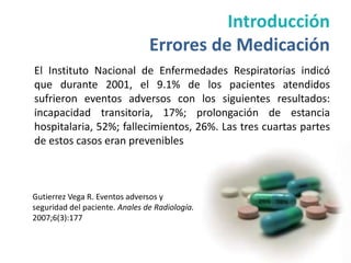 Introducción
                                Errores de Medicación
El Instituto Nacional de Enfermedades Respiratorias indicó
que durante 2001, el 9.1% de los pacientes atendidos
sufrieron eventos adversos con los siguientes resultados:
incapacidad transitoria, 17%; prolongación de estancia
hospitalaria, 52%; fallecimientos, 26%. Las tres cuartas partes
de estos casos eran prevenibles



Gutierrez Vega R. Eventos adversos y
seguridad del paciente. Anales de Radiología.
2007;6(3):177
 