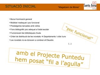 SITUACIÓ INICIAL “ Magatzem de llibres” “ poc  funcional” Prestatgeries tancades amb vidres Fons bibliogràfic poc adequat a l’edat escolar Funcionaven les biblioteques d’aula  Criteri de distribució de les novetats    Departaments / cicle /curs Les novetats no es donaven a conèixer al Claustre (...) Bona il·luminació general Mobiliari inadequat i poc funcional amb el Projecte Puntedu hem posat “fil a l’agulla” 