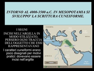 INTORNO AL 4000-3500 a.C. IN MESOPOTAMIA SI SVILUPPO' LA SCRITTURA CUNEIFORME. I SEGNI INCISI NELL'ARGILLA IN MODO STILIZZATO, PERSERO OGNI TRACCIA DELL'OGGETTO CHE ESSI RAPPRESENTAVANO I caratteri cuneiformi erano poco disegnati per motivi pratici: dovevano essere incisi nell’argilla   