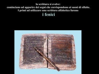 la scrittura si evolve: cominciano ad apparire dei segni che corrispondono ai suoni di sillabe. I primi ad utilizzare una scrittura alfabetica furono i fenici 