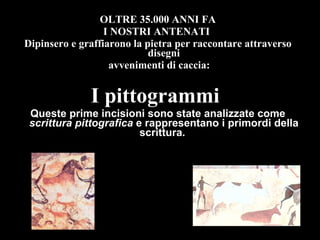 OLTRE 35.000 ANNI FA I NOSTRI ANTENATI  Dipinsero e graffiarono la pietra per raccontare attraverso disegni avvenimenti di caccia: I pittogrammi  Queste prime incisioni sono state analizzate come  scrittura pittografica  e rappresentano i primordi della scrittura.   