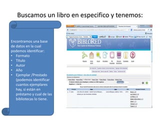 Buscamos un libro en especifico y tenemos:


Encontramos una base
de datos en la cual
podemos identificar:
• Formato
• Título
• Autor
• Año
• Ejemplar /Prestado
   (podemos identificar
   cuantos ejemplares
   hay, si están en
   préstamo y cual de las
   bibliotecas lo tiene.
 