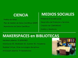 Bibliotecari@ de Datos
Es un término ad-hoc, es la aplicación de los principios
y las prácticas tradicionales de los bibliotecarios a los
datos.
El perﬁl del bibliotecario de datos requiere:
•  Competencias informáticas
•  Conocimiento de la disciplina (corpus, prácticas de
investigación y ﬂujos de trabajo)
•  Gestión de datos:
q  adquisición (desarrollo de la colección),
q  organización (catalogación y metadatos),
q  preservación y conservación a largo plazo
q  implementación de servicios adecuados para los
usuarios.
 