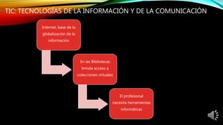 TIC: TECNOLOGÍAS DE LA INFORMACIÓN Y DE LA COMUNICACIÓN
Internet, base de la
globalización de la
información
En las Bibliotecas
brinda acceso a
colecciones virtuales
El profesional
necesita herramientas
informáticas
 