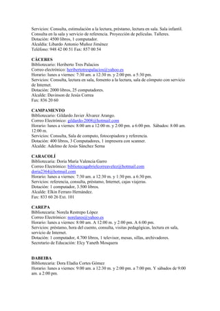 Servicios: Consulta, estimulación a la lectura, préstamo, lectura en sala. Sala infantil.
Consulta en la sala y servicio de referencia. Proyección de películas. Talleres.
Dotación: 4500 libros, 1 computador.
Alcaldía: Libardo Antonio Muñoz Jiménez
Teléfono: 948 42 00 51 Fax: 857 00 54

CÁCERES
Bibliotecario: Heriberto Tres Palacios
Correo electrónico: heribertotrespalacios@yahoo.es
Horario: lunes a viernes: 7:30 am. a 12:30 m. y 2:00 pm. a 5:30 pm.
Servicios: Consulta, lectura en sala, fomento a la lectura, sala de cómputo con servicio
de Internet.
Dotación: 2000 libros, 25 computadores.
Alcalde: Davinson de Jesús Correa
Fax: 836 20 60

CAMPAMENTO
Bibliotecario: Gildardo Javier Álvarez Arango.
Correo Electrónico: gildardo-2008@hotmail.com
Horario: lunes a viernes: 8:00 am a 12:00 m. y 2:00 pm. a 6:00 pm. Sábados: 8:00 am.
12:00 m.
Servicios: Consulta, Sala de computo, fotocopiadora y referencia.
Dotación: 400 libros, 3 Computadores, 1 impresora con scanner.
Alcalde: Adelmo de Jesús Sánchez Serna

CARACOLÍ
Bibliotecaria: Doria María Valencia Garro
Correo Electrónico: bibliotecagabrielcorreavelez@hotmail.com
doria2364@hotmail.com
Horario: lunes a viernes: 7:30 am. a 12:30 m. y 1:30 pm. a 6:30 pm.
Servicios: referencia, consulta, préstamo, Internet, cajas viajeras.
Dotación: 1 computador, 3.500 libros.
Alcalde: Elkin Ferraro Hernández.
Fax: 833 60 26 Ext. 101

CAREPA
Bibliotecaria: Norela Restrepo López
Correo Electrónico: norelares@yahoo.es
Horario: lunes a viernes: 8:00 am. A 12:00 m. y 2:00 pm. A 6:00 pm.
Servicios: préstamo, hora del cuento, consulta, visitas pedagógicas, lectura en sala,
servicio de Internet.
Dotación: 1 computador, 4.700 libros, 1 televisor, mesas, sillas, archivadores.
Secretario de Educación: Elcy Yaneth Mosquera


DABEIBA
Bibliotecaria: Dora Eladia Cortes Gómez
Horario: lunes a viernes: 9:00 am. a 12:30 m. y 2:00 pm. a 7:00 pm. Y sábados de 9:00
am. a 2:00 pm.
 