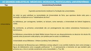 AS GRANDES BIBLIOTECAS MEDIEVAIS: MONACAIS, PARTICULARES, UNIVERSITÁRIAS 
Tipo 
Características/Curiosidade 
Universitárias 
O grande acontecimento medieval é a fundação das universidades. 
Ao redor ou para satisfazer as necessidades da Universidade de Paris, que apontava desde cedo para a laicização, multiplicam-se os “trabalhadores do livro”. 
As bibliotecas, por conseguinte, também, se laicizam, como exemplo, a Universidade de Oxford (Inglaterra, 1334). 
No continente, as primeiras universidade são um prolongamento das ordens eclesiásticas franciscanas e dominicanas. 
As bibliotecas universitárias da Idade Média tomam força em seu desenvolvimento no decorrer do século XV, quando estas já possuem sede própria, com prédios para as aulas e as bibliotecas. 
Universidade versus Biblioteca : Orléans (Jurídica); Paris (Médica). 
Só no alvorecer da Renascença que a biblioteca começa adquirir o seu sentido moderno, bem como emerge a figura do bibliotecário como ocupação profissional: “[...] é precisamente o momento em que também pela primeira vez, o livro é sentido socialmente como necessidade [...]” (p. 92).  