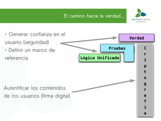 El camino hacia la verdad...


➢ Generar confianza en el
usuario (seguridad)
➢ Definir un marco de


referencia




Autentificar los contenidos
de los usuarios (firma digital)
 