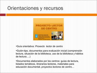 Orientaciones y recursos

•Guía orientativa: Proxecto lector de centro
•Guión-tipo, documentos para evaluación inicial (comprensión
lectura, situación de la biblioteca, uso de la biblioteca y hábitos
de lectura….)
•Documentos elaborados por los centros: guías de lectura,
listados temáticos, itinerarios lectores, materiales para
educación documental, proyectos lectores de centro…

 