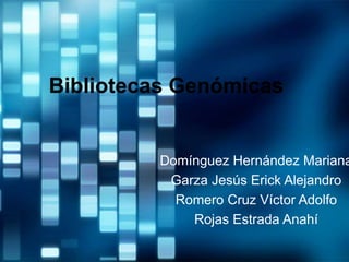 Bibliotecas Genómicas


         Domínguez Hernández Mariana
          Garza Jesús Erick Alejandro
           Romero Cruz Víctor Adolfo
             Rojas Estrada Anahí
 