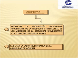 PRESERVAR LA INFORMACIÓN DOCUMENTAL PROVENIENTE DE LA PRODUCCIÓN INTELECTUAL DE LOS MIEMBROS DE LA COMUNIDAD UNIVERSITARIA Y DE OTRAS INSTITUCIONES AFINES FACILITAR LA LABOR INVESTIGATIVA DE LA COMUNIDAD EN GENERAL OBJETIVOS…  