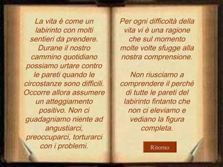 La vita è come un
labirinto con molti
sentieri da prendere.
Durane il nostro
cammino quotidiano
possiamo urtare contro
le pareti quando le
circostanze sono difficili.
Occorre allora assumere
un atteggiamento
positivo. Non ci
guadagniamo niente ad
angustiarci,
preoccuparci, torturarci
con i problemi.

Per ogni difficoltà della
vita vi è una ragione
che sul momento
molte volte sfugge alla
nostra comprensione.
Non riusciamo a
comprendere il perché
di tutte le pareti del
labirinto fintanto che
non ci eleviamo e
vediano la figura
completa.
Ritorno

 