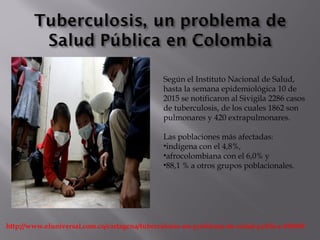 http://www.eluniversal.com.co/cartagena/tuberculosis-un-problema-de-salud-publica-188469
Según el Instituto Nacional de Salud,
hasta la semana epidemiológica 10 de
2015 se notificaron al Sivigila 2286 casos
de tuberculosis, de los cuales 1862 son
pulmonares y 420 extrapulmonares.
Las poblaciones más afectadas:
•indígena con el 4,8%,
•afrocolombiana con el 6,0% y
•88,1 % a otros grupos poblacionales.
 