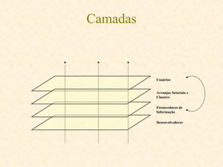 Camadas Desenvolvedores Fornecedores de Informação Arranjos Setoriais e Clusters Usuários 