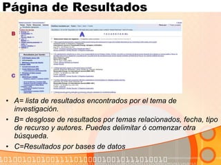Página de Resultados A= lista de resultados encontrados por el tema de investigación. B= desglose de resultados por temas relacionados, fecha, tipo de recurso y autores. Puedes delimitar ó comenzar otra búsqueda. C=Resultados por bases de datos  