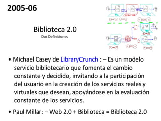Biblioteca 2.0 Dos Definiciones  •  Michael Casey de  LibraryCrunch  : – Es un modelo servicio bibliotecario que fomenta el cambio constante y decidido, invitando a la participación del usuario en la creación de los servicios reales y virtuales que desean, apoyándose en la evaluación constante de los servicios.  •  Paul Millar: – Web 2.0 + Biblioteca = Biblioteca 2.0 2005-06 