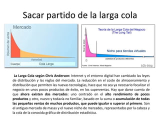 Sacar partido de la larga cola La Larga Cola según Chris Anderson:  Internet y el entorno digital han cambiado las leyes de distribución y las reglas del mercado. La reducción en el coste de almacenamiento y distribución que permiten las nuevas tecnologías, hace que no sea ya necesario focalizar el negocio en unos pocos productos de éxito, en los superventas. Hay que darse cuenta de que  ahora existen dos mercados : uno centrado en el  alto rendimiento de pocos productos  y otro, nuevo y todavía no familiar, basado en la suma o  acumulación de todas las pequeñas ventas de muchos productos, que puede igualar o superar al primero . Son el antiguo mercado de masas y el nuevo nicho de mercados, representados por la cabeza y la cola de la conocida gráfica de distribución estadística. 