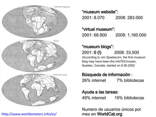 http://www.worldometers.info/es/ “ museum website”:  2001: 8.070    2008: 283.000 “ virtual museum”:  2001: 68.800    2008: 1,160.000 “ museum blogs”:  2001:  0 (!)  2008: 33,500 (According to Jim Spadaccini, the first museum blog may have been the infoTECmuseo, Quebec, Canada, started on 6.06.2002 Búsqueda de información   :  26% internet    7%  bibliotecas Ayuda  a las  tareas :  49% internet   19%  bibliotecas Numero de usuarios únicos por mes en  WorldCat.org   2 millones  