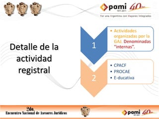 • Actividades
                      organizadas por la
                      GAJ. Denominadas
Detalle de la   1     “internas”.

 actividad
                    • CPACF
  registral         • PROCAE
                2   • E-ducativa
 