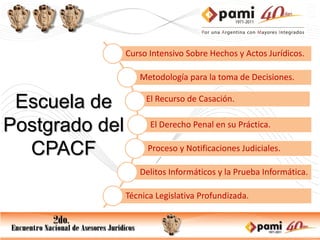 Curso Intensivo Sobre Hechos y Actos Jurídicos.

                   Metodología para la toma de Decisiones.

 Escuela de          El Recurso de Casación.


Postgrado del         El Derecho Penal en su Práctica.

  CPACF              Proceso y Notificaciones Judiciales.

                   Delitos Informáticos y la Prueba Informática.

                Técnica Legislativa Profundizada.
 
