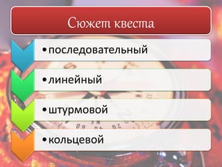 Сюжет квеста 
•последовательный 
•линейный 
•штурмовой 
•кольцевой 
 