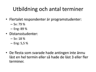 Utbildning och antal terminer
• Flertalet respondenter är programstudenter:
– Sv: 79 %
– Eng: 89 %

• Distansstudenter:
– Sv: 18 %
– Eng: 5,5 %

• De flesta som svarade hade antingen inte ännu
läst en hel termin eller så hade de läst 3 eller fler
terminer.

 