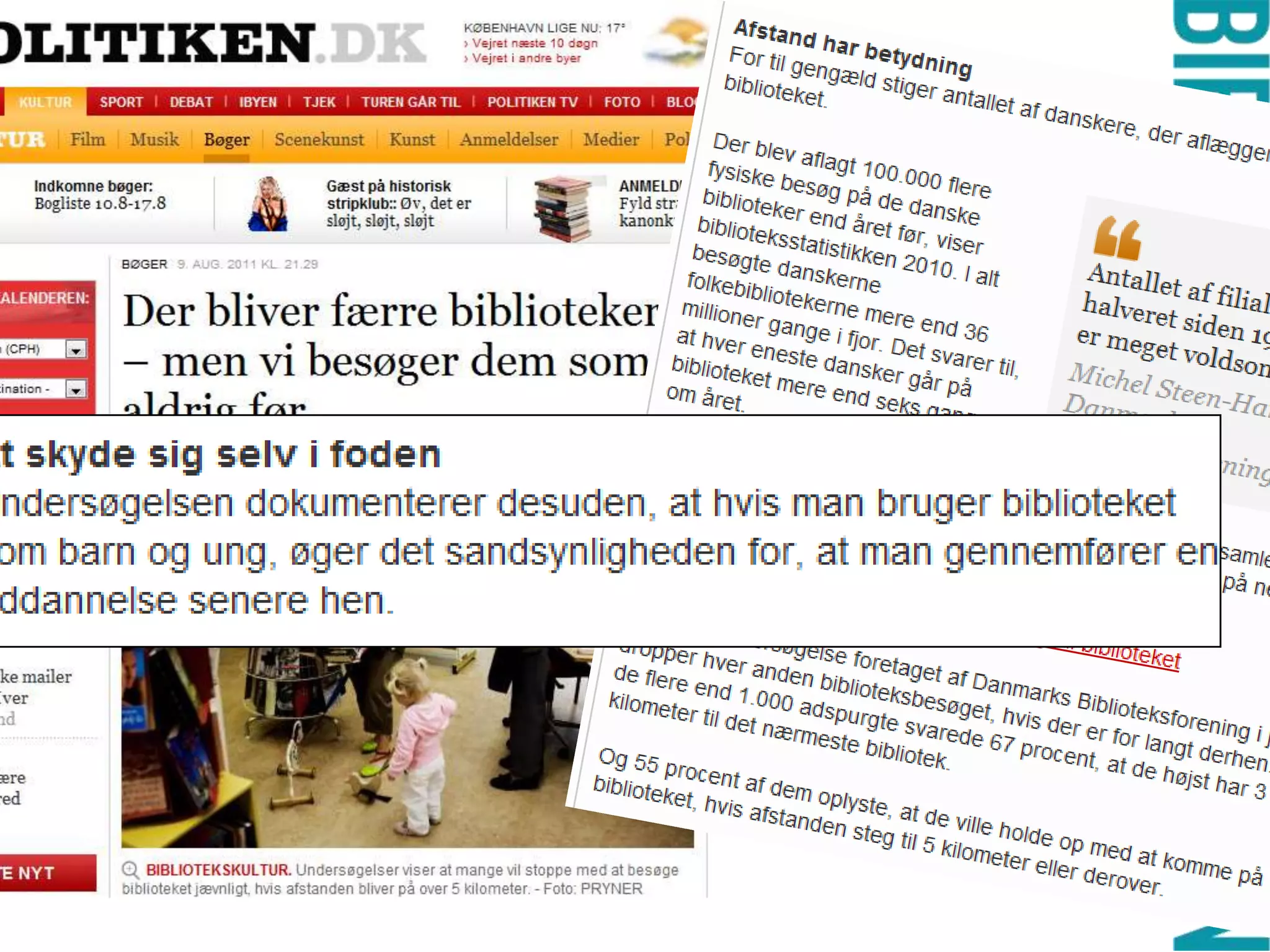 Det kan konkluderes, at brugen af biblioteket øges, når det er placeret i nærmiljøet. Hvis den nuværende løsning forsvandt, ville det få betydning. En del af brugerne falder fra. Det gælder især: 			             - Børn			             - Voksne med mindre børn - Ældre med gangbesvær13 kilometer grænsenDorthe Salling Kromann, Center for Landdistriktsforskning, SDU