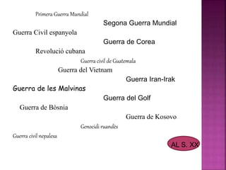 Primera Guerra Mundial 
Segona Guerra Mundial 
Guerra Civil espanyola 
Guerra de Corea 
Revolució cubana 
Guerra civil de Guatemala 
Guerra del Vietnam 
Guerra Iran-Irak 
Guerra de les Malvinas 
Guerra del Golf 
Guerra de Bòsnia 
Guerra de Kosovo 
Genocidi ruandès 
Guerra civil nepalesa 
AL S. XX 
 