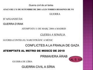 AL S. XXI 
Guerra civil de sri lanka 
ATACS DE L’11 DE SETEMBRE DE 2001 A LES TORRES BESSONES DE NY 
GUERRA 
D’AFGANISTÀN 
GUERRA D’IRAK 
ATEMPTATS 11 DE MARÇ 2004 A MADRID 
GUERRA A SOMÀLIA 
GUERRA CONTRA EL NARCOTRÀFIC A MÈXIC 
CONFLICTES A LA FRANJA DE GAZA 
ATEMPTATS AL METRO DE MOSCÚ DE 2010 
PRIMAVERA ÀRAB 
GUERRA DE LÍBIA 
GUERRA CIVIL A SÍRIA 
 
