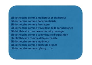 !
!
!
!
!
Bibliothécaire comme médiateur et animateur
Bibliothécaire comme documentaliste
Bibliothécaire comme formateur
Bibliothécaire comme travailleur de la connaissance
Biblbiothécaire comme community manager
Bibliothécaire comme commissaire d’exposition
Bbibliothécaire comme datajournaliste
Bibliothécaire comme ingénieur
Bibliothécaire comme pilote de drones
bibliothécaire comme cyborg…..:-)
!
!
!
!
!
!
!
 