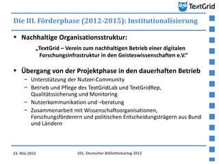 Die III. Förderphase (2012-2015): Institutionalisierung

• Nachhaltige Organisationsstruktur:
           „TextGrid – Verein zum nachhaltigen Betrieb einer digitalen
            Forschungsinfrastruktur in den Geisteswissenschaften e.V.“

• Übergang von der Projektphase in den dauerhaften Betrieb
     – Unterstützung der Nutzer-Community
     – Betrieb und Pflege des TextGridLab und TextGridRep,
       Qualitätssicherung und Monitoring
     – Nutzerkommunikation und –beratung
     – Zusammenarbeit mit Wissenschaftsorganisationen,
       Forschungsförderern und politischen Entscheidungsträgern aus Bund
       und Ländern



23. Mai 2012               101. Deutscher Bibliothekartag 2012
 