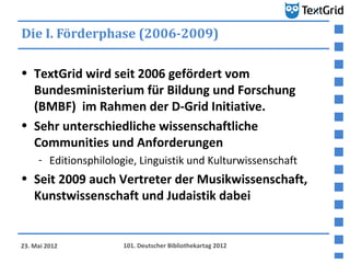 Die I. Förderphase (2006-2009)

• TextGrid wird seit 2006 gefördert vom
  Bundesministerium für Bildung und Forschung
  (B...