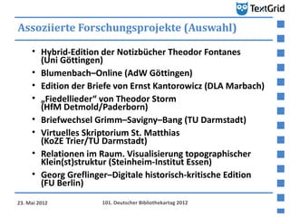 Assoziierte Forschungsprojekte (Auswahl)

     • Hybrid-Edition der Notizbücher Theodor Fontanes
       (Uni Göttingen)
  ...