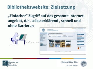 Bibliothekswebsite: Zielsetzung
„Einfacher” Zugriff auf das gesamte Internet-
angebot, d.h. selbsterklärend , schnell und
ohne Barrieren




                               Universität zu Köln
                                     Dr. Peter Kostädt
 
