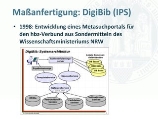 Maßanfertigung: DigiBib (IPS)
• 1998: Entwicklung eines Metasuchportals für
  den hbz-Verbund aus Sondermitteln des
  Wissenschaftsministeriums NRW




                                 Universität zu Köln
                                       Dr. Peter Kostädt
 