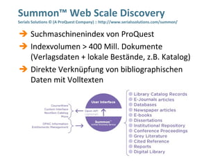 Summon™ Web Scale Discovery
Serials Solutions © (A ProQuest Company) :: http://www.serialssolutions.com/summon/


 Suchmaschinenindex von ProQuest
 Indexvolumen > 400 Mill. Dokumente
  (Verlagsdaten + lokale Bestände, z.B. Katalog)
 Direkte Verknüpfung von bibliographischen
  Daten mit Volltexten
 