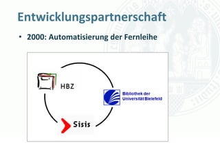 Entwicklungspartnerschaft
• 2000: Automatisierung der Fernleihe




                                 Universität zu Köln
                                        Dr. Peter Kostädt
 