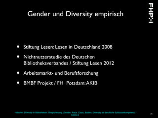 Hobohm: Diversity in Bibliotheken. Ringvorlesung „Gender, Race, Class, Bodies: Diversity als berufliche Schlüsselkompetenz.“
SS2013
24
Gender und Diversity empirisch
• Stiftung Lesen: Lesen in Deutschland 2008
• Nichtnutzerstudie des Deutschen
Bibliotheksverbandes / Stiftung Lesen 2012
• Arbeitsmarkt- und Berufsforschung
• BMBF Projekt / FH Potsdam:AKIB
 