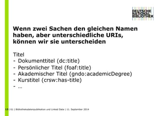 Wenn zwei Sachen den gleichen Namen 
haben, aber unterschiedliche URIs, 
können wir sie unterscheiden 
Titel 
- Dokumenttitel (dc:title) 
- Persönlicher Titel (foaf:title) 
- Akademischer Titel (gndo:academicDegree) 
- Kurstitel (crsw:has-title) 
- … 
| 61 | Bibliotheksdatenpublikation und 13 Linked Data | 11. September 2014 
 