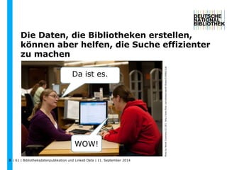 Die Daten, die Bibliotheken erstellen, 
können aber helfen, die Suche effizienter 
zu machen 
Da ist es. 
WOW! 
| 61 | Bibliotheksdatenpublikation und 3 Linked Data | 11. September 2014 
Photo by Wendt Commons (CC BY): http://www.flickr.com/photos/wendt-library/5190902316/ 
 
