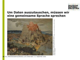 30 
| 61 | Bibliotheksdatenpublikation und Linked Data | 11. September 2014 
Um Daten auszutauschen, müssen wir 
eine gemeinsame Sprache sprechen 
Pieter Brüghel d. J.: Turmbau zu Babel (Public Domain): 
https://commons.wikimedia.org/wiki/File:The_Tower_of_Babel,_oil_on_panel_painting_by_Pieter_Bruegh 
el_the_Younger.jpg 
 
