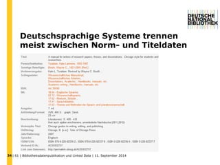Deutschsprachige Systeme trennen 
meist zwischen Norm- und Titeldaten 
| 61 | Bibliotheksdatenpublikation und 34 Linked Data | 11. September 2014 
 