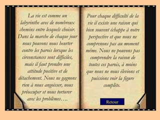 Pour chaque difficulté de la vie il existe une raison qui bien souvent échappe à notre perspective et que nous ne comprenons pas au moment même. Nous ne pouvons pas comprendre la raison de toutes ces parois, à moins que nous ne nous élevions et puissions voir la figure complète.  La vie est comme un labyrinthe avec de nombreux chemins entre lesquels choisir. Dans la marche de chaque jour nous pouvons nous heurter contre les parois lorsque les circonstances sont difficiles, mais il faut prendre une attitude positive et de détachement. Nous ne gagnons rien á nous angoisser, nous préoccuper et nous torturer  avec les problèmes…. Retour 