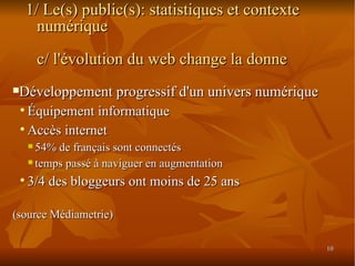Développement progressif d'un univers numérique Équipement informatique Accès internet 54% de français sont connectés temps passé à naviguer en augmentation 3/4 des bloggeurs ont moins de 25 ans (source Médiametrie)‏ 1/ Le(s) public(s): statistiques et contexte numérique c/ l'évolution du web change la donne 