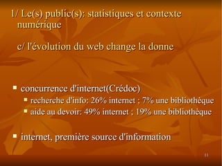 1/ Le(s) public(s): statistiques et contexte numérique c/ l'évolution du web change la donne concurrence d'internet(Crédoc)‏ recherche d'info: 26% internet ; 7% une bibliothèque aide au devoir: 49% internet ; 19% une bibliothèque internet, première source d'information 