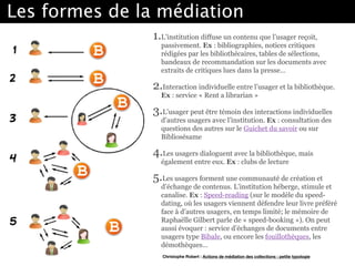 Les formes de la médiation
1.L’institution diffuse un contenu que l’usager reçoit,
passivement. Ex : bibliographies, notices critiques
rédigées par les bibliothécaires, tables de sélections,
bandeaux de recommandation sur les documents avec
extraits de critiques lues dans la presse… 
2.Interaction individuelle entre l’usager et la bibliothèque.
Ex : service « Rent a librarian » 
3.L’usager peut être témoin des interactions individuelles
d’autres usagers avec l’institution. Ex : consultation des
questions des autres sur le Guichet du savoir ou sur
Bibliosésame 
4.Les usagers dialoguent avec la bibliothèque, mais
également entre eux. Ex : clubs de lecture 
5.Les usagers forment une communauté de création et
d’échange de contenus. L’institution héberge, stimule et
canalise. Ex : Speed-reading (sur le modèle du speed-
dating, où les usagers viennent défendre leur livre préféré
face à d’autres usagers, en temps limité; le mémoire de
Raphaëlle Gilbert parle de « speed-booking »). On peut
aussi évoquer : service d’échanges de documents entre
usagers type Bibale, ou encore les fouillothèques, les
démothèques…
Christophe Robert : Actions de médiation des collections : petite typologie
 
