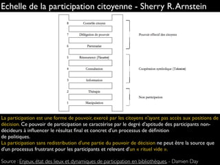 Source
La participation est une forme de pouvoir, exercé par les citoyens n'ayant pas accès aux positions de
décision. Ce pouvoir de participation se caractérise par le degré d'aptitude des participants non-
décideurs à inﬂuencer le résultat ﬁnal et concret d'un processus de déﬁnition
de politiques.
La participation sans redistribution d'une partie du pouvoir de décision ne peut être la source que
d'un processus frustrant pour les participants et relevant d'un « rituel vide ».
Source : Enjeux, état des lieux et dynamiques de participation en bibliothèques. - Damien Day
Echelle de la participation citoyenne - Sherry R.Arnstein
 
