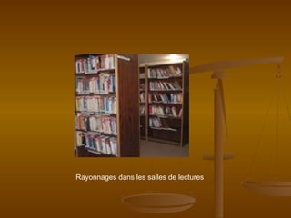 Rayonnages dans les salles de lectures
 