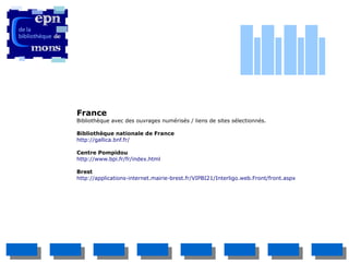 France
Bibliothèque avec des ouvrages numérisés / liens de sites sélectionnés.

Bibliothèque nationale de France
http://gallica.bnf.fr/

Centre Pompidou
http://www.bpi.fr/fr/index.html

Brest
http://applications-internet.mairie-brest.fr/VIPBI21/Interligo.web.Front/front.aspx
 